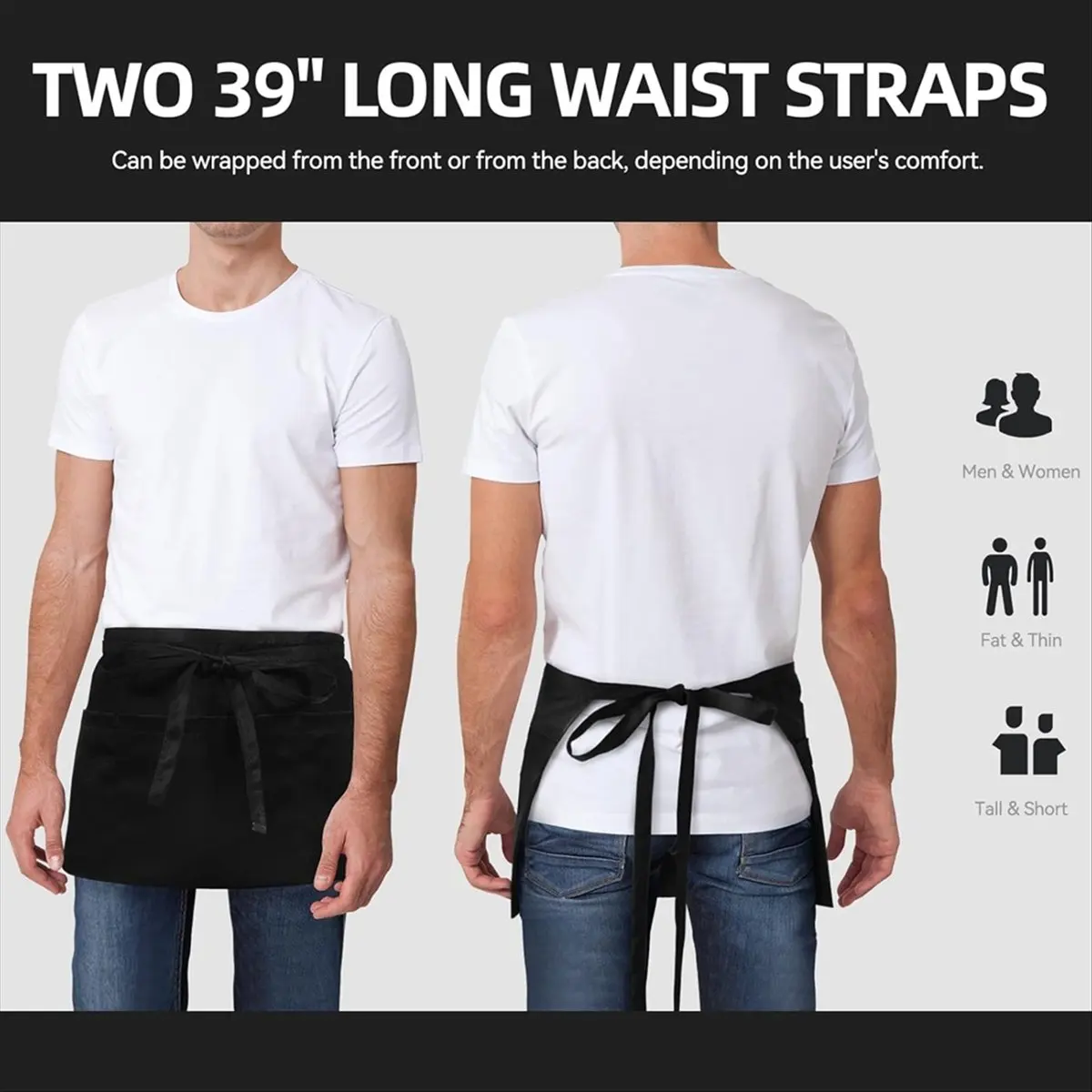 REST 3 Pack Server Aprons with 3 Pockets, Water Oil Stain Waitress Waiter Apron Black Waist Aprons Bistro Apron for Women Men