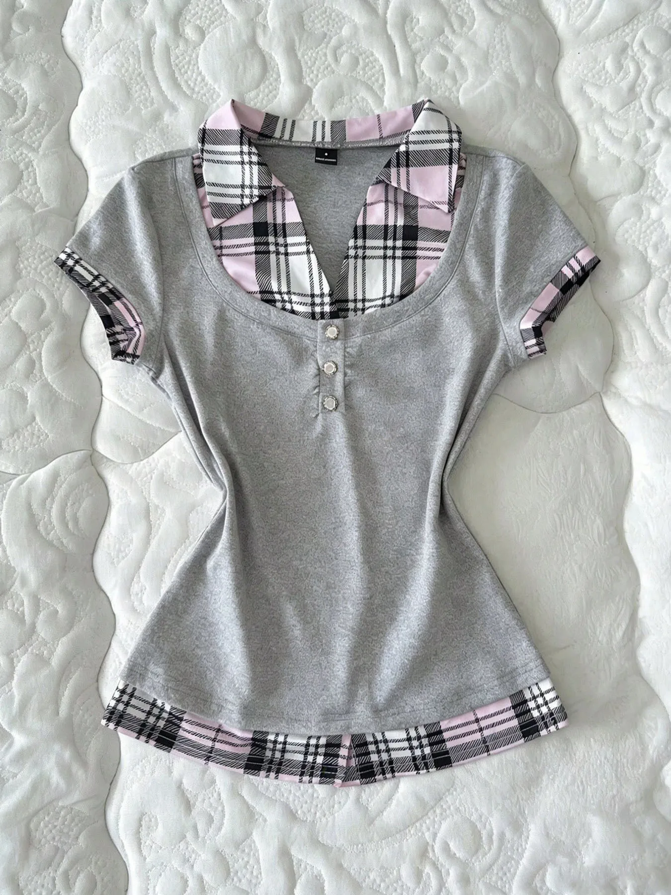 Summer New Pleated Plaid Printed Lapel Short Sleeved College Style Fake Two-Piece T-shirt Top