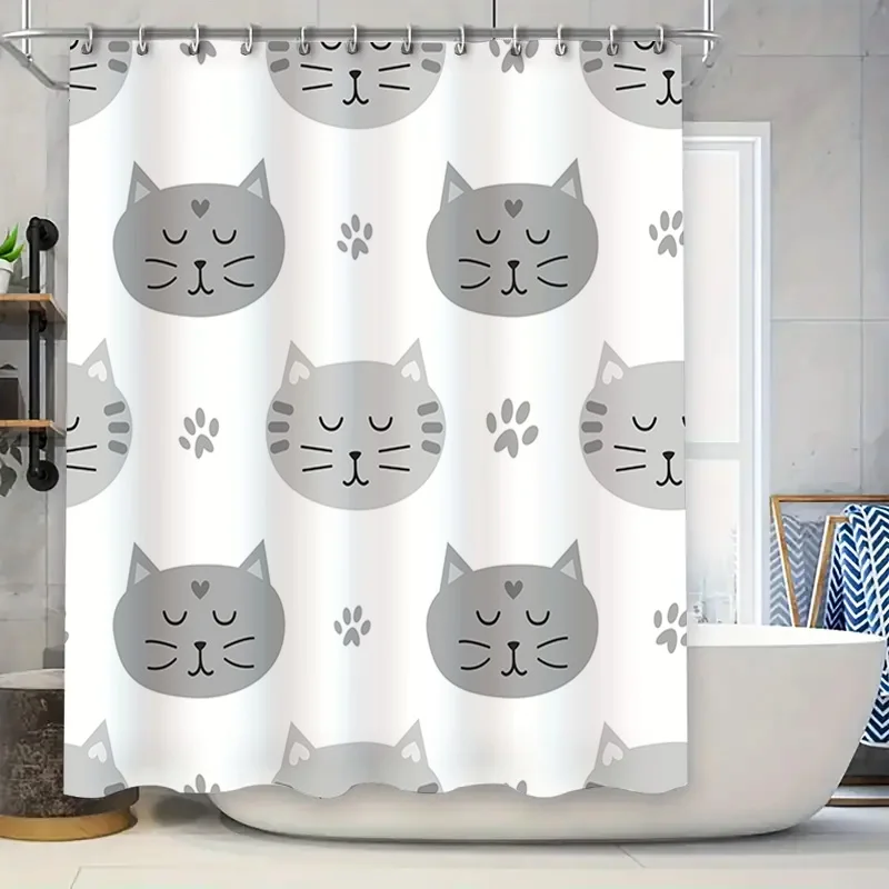 

Занавеска для душа серого кота с рисунком лапы для декора ванной комнаты, удлиненная водонепроницаемая ткань (180x205 см)