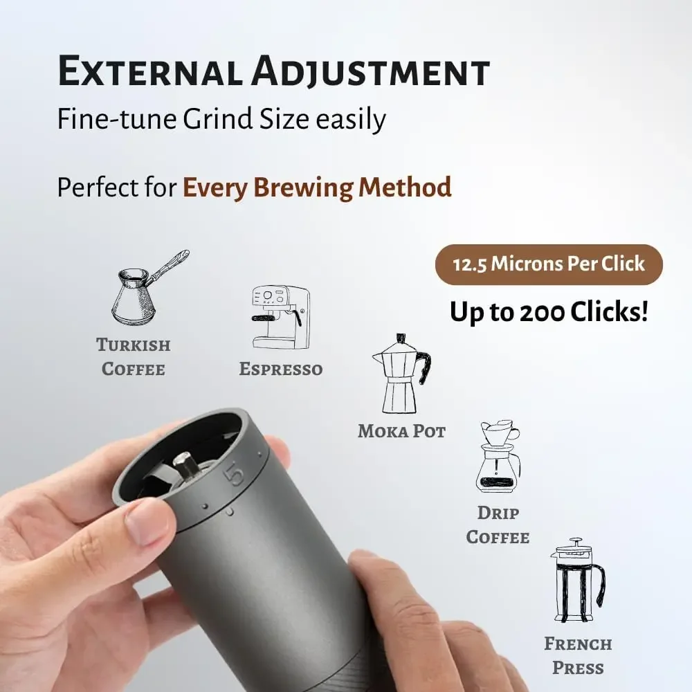 Manual Coffee Grinder-Midnight Black, Well-built Sturdy Metal Body, Assembly Stainless Steel Burr, Numerical External Setting