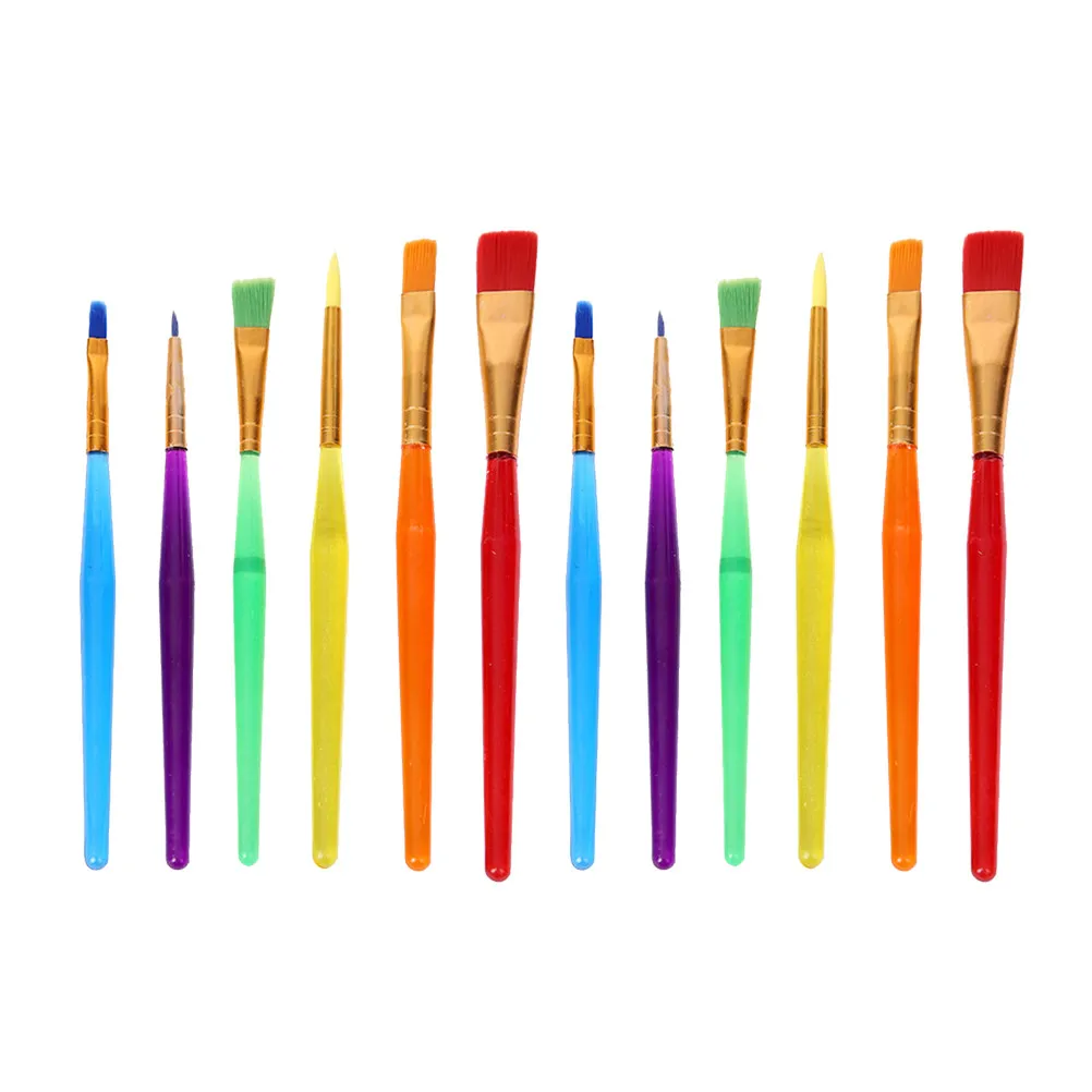 12Pcs Kids Painting Brush Set for Children 3 Years Old Bristles Easy Control Plastic Handle Metal Ferrule Watercolor