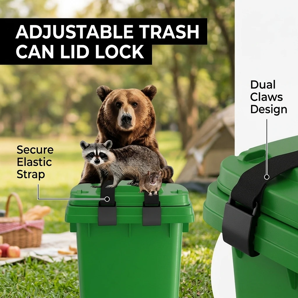 Homeowners Trash Can Lid Lock Adjustable Bungee Cord for Kitchen Outdoor Heavy Duty Metal Bin Strap Anti-Slip Durable