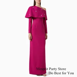 Saudi Evening Dresses Cape Long Sleeve Crystal Straight Fuchsia Prom Dresses Custom Size Arabic Party Gown for Weddings