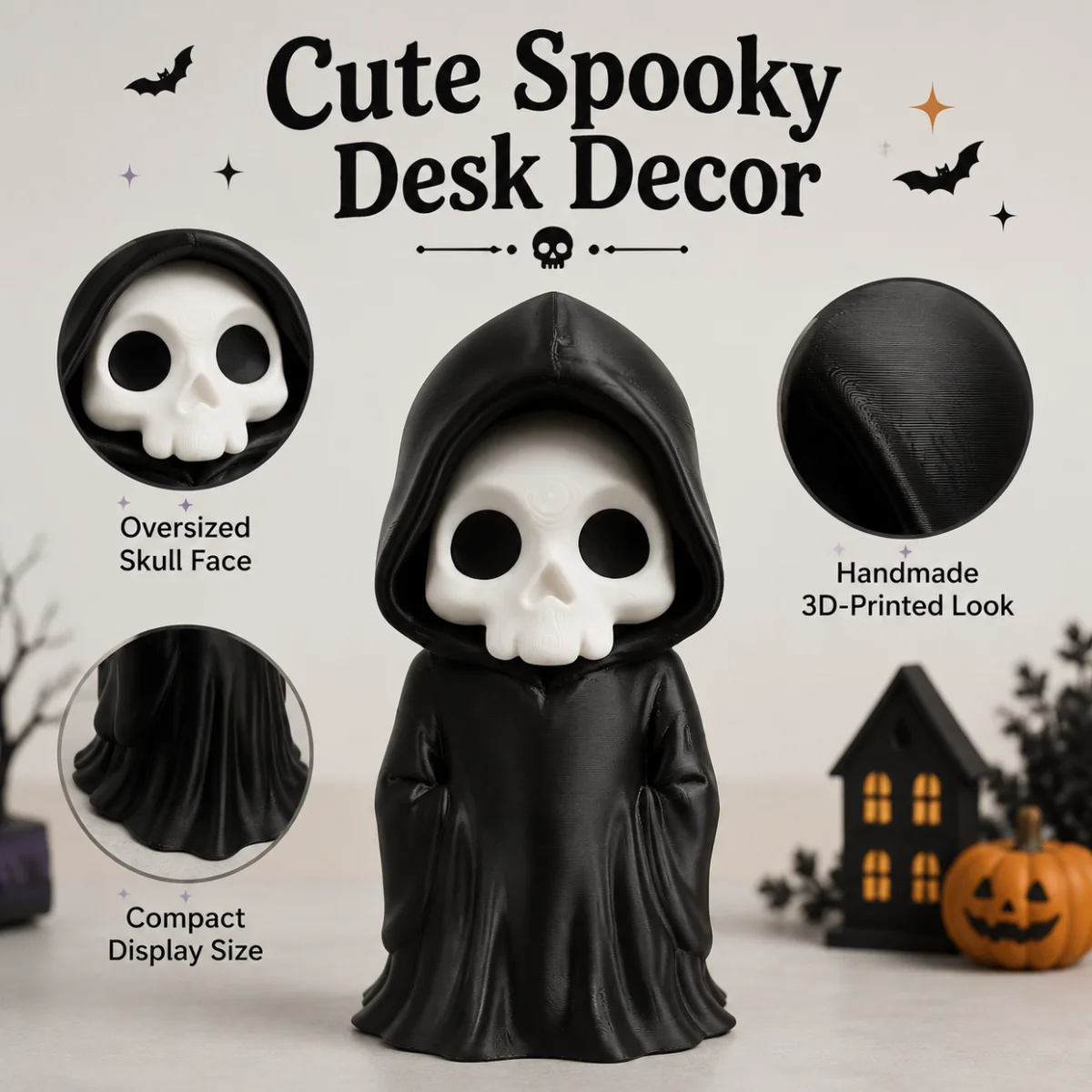1pc Multi Face Grim Reaper Figurine, Eco 3D Printed PLA Black Hooded Skull Reaper With Interchangeable Face Halloween Ornament