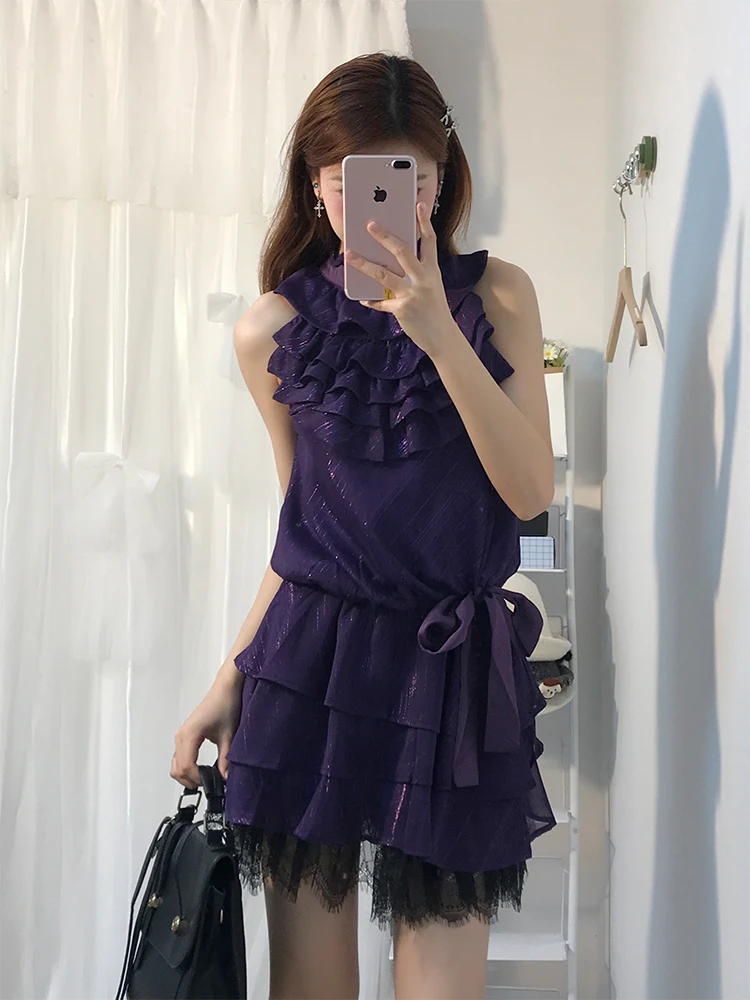 

Purple Lace Halter Neck Women's Suit Slimming Short Skirt Two-Piece Set Summer 2025 New Style Fashionable Young Women