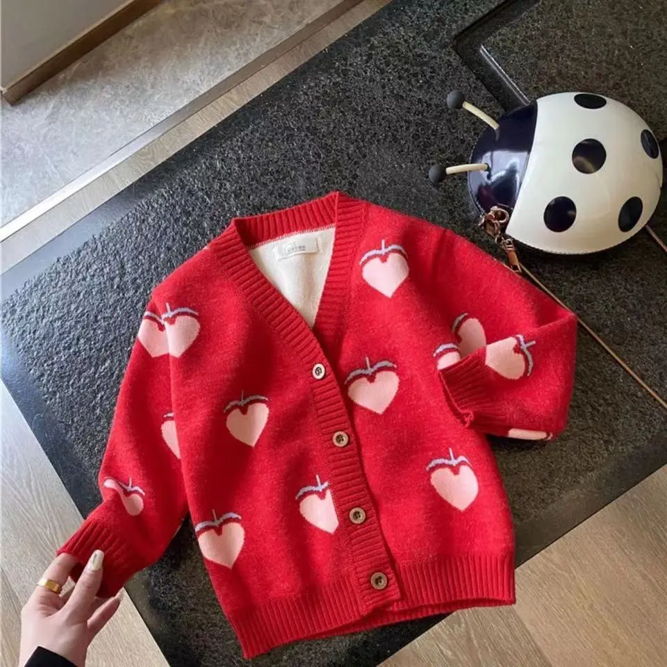 Girls' Knitted Cardigan Spring & Fall New Kidsren's Baby V Neck Sweater Autumn Tops Girls' Style Jackets