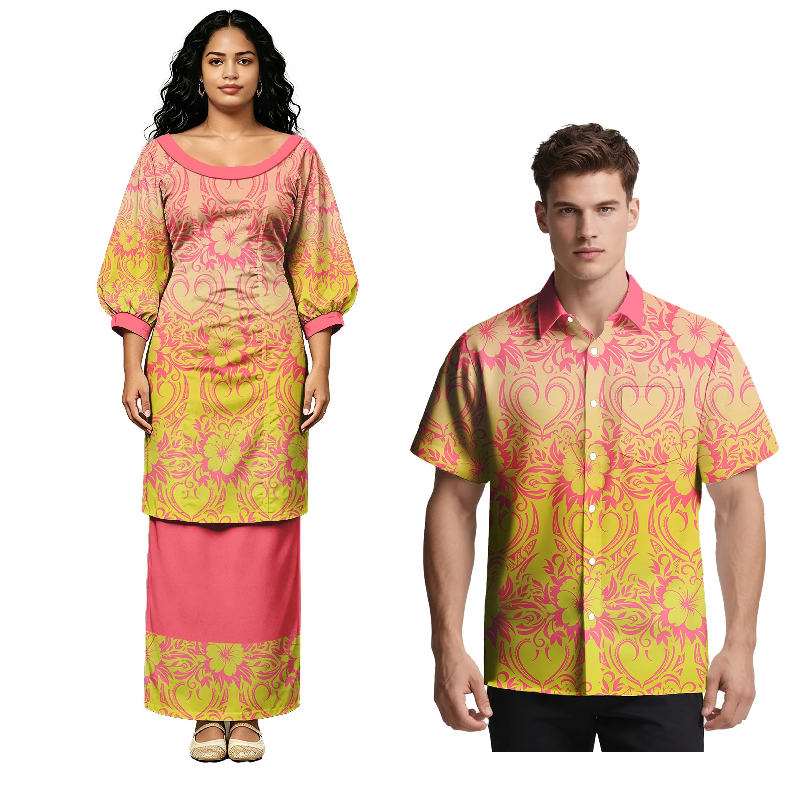 Conjunto de 2 piezas de moda 2026: Camisas de diseño polinesio para fiesta/baile de graduación para hombre y Puletasi tribal samoano para mujer, atuendos a juego para parejas hawaianos.