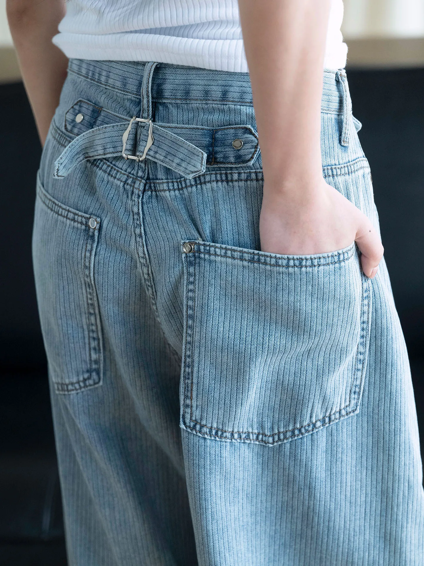 FANAN Women Dark Pinstripe Wide Leg Jeans High Waist Oversized Baggy Loose Denim Trousers Vintage Striped Streetwear Pants