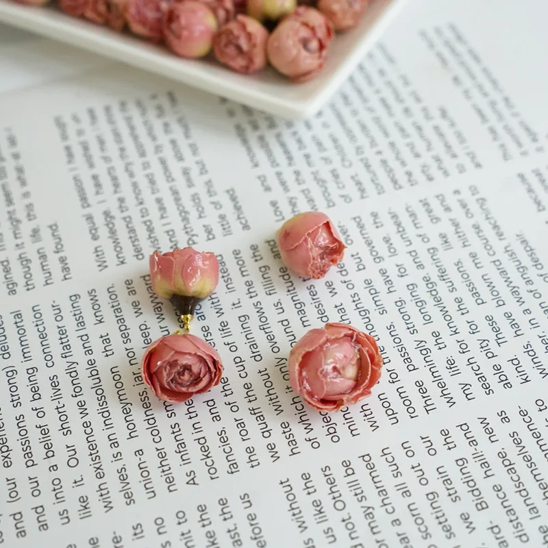 Drip Glue Pink Rose Diy Earring Material, Real Dry Flower Head Rose Jewelry Accessories