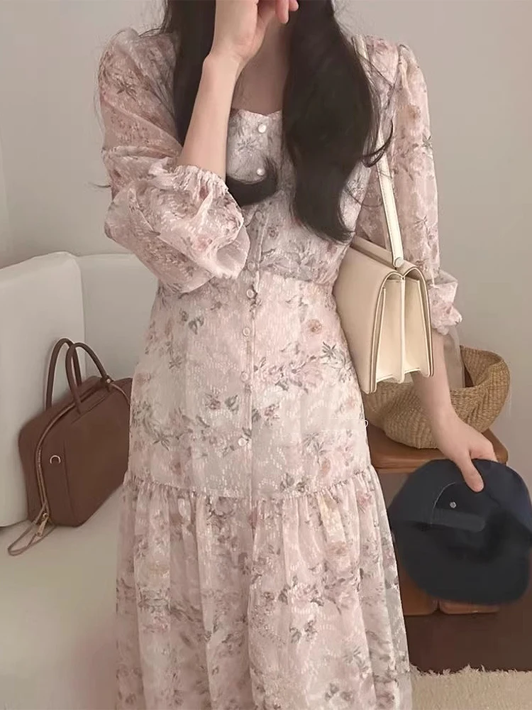 

Liangliang Home Elegant Temperament Square Neck Puff Sleeve Floral Dress Spring New Waist Slimming Ruffle Long Dress