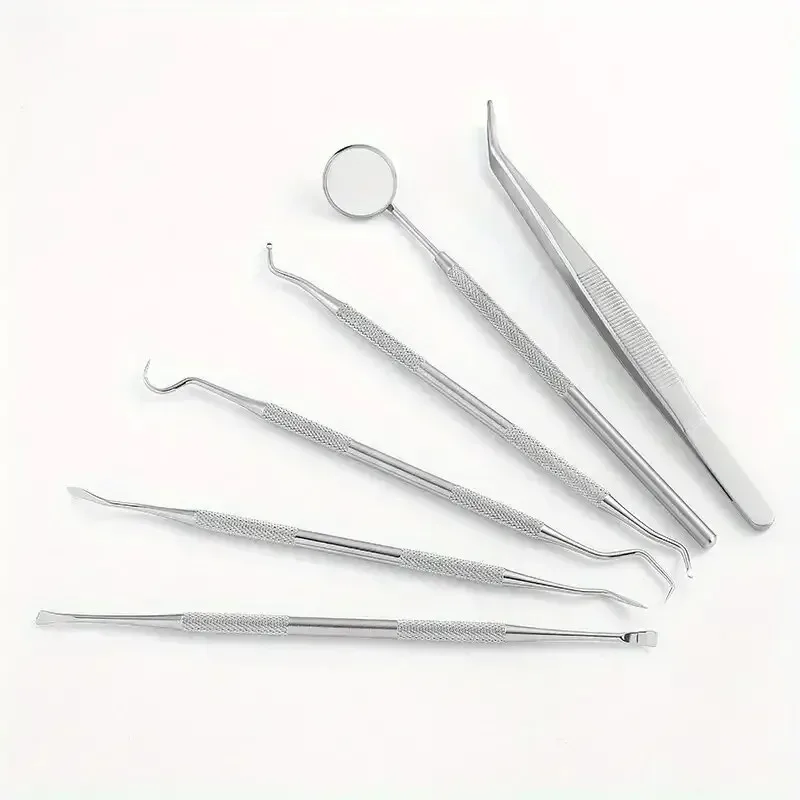 Stainless Steel Dental Oral Care Kit with Tartar Removal Tools, Dual-Head Probe, Break-Resistant, 6Pcs Dentist Grade Mirror Set