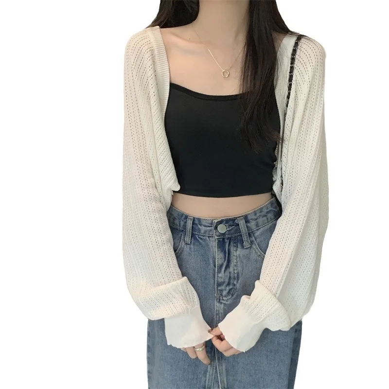 سترة محبوكة من الحرير الجليدي مقاومة للشمس سترة نسائية صيفية رفيعة صدرية تنورة بحمالات شال بلوزة خارجية