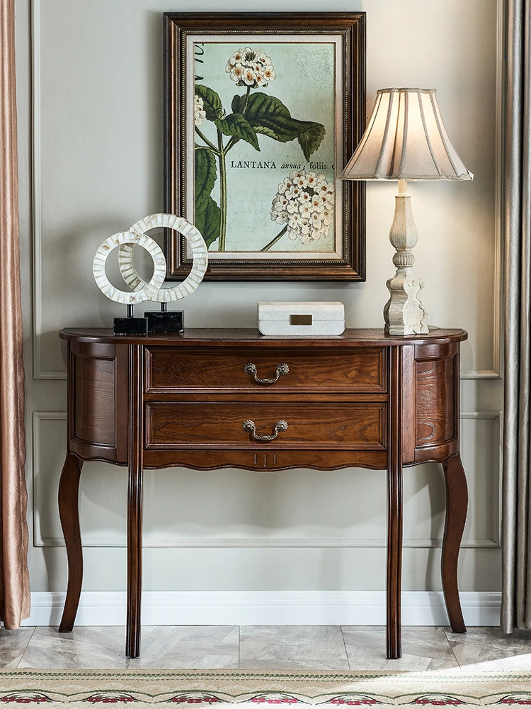 

American Country Solid Wood Entrance Cabinet Modern Minimalist Corridor Aisle Curved Curio Cabinet against the Wall