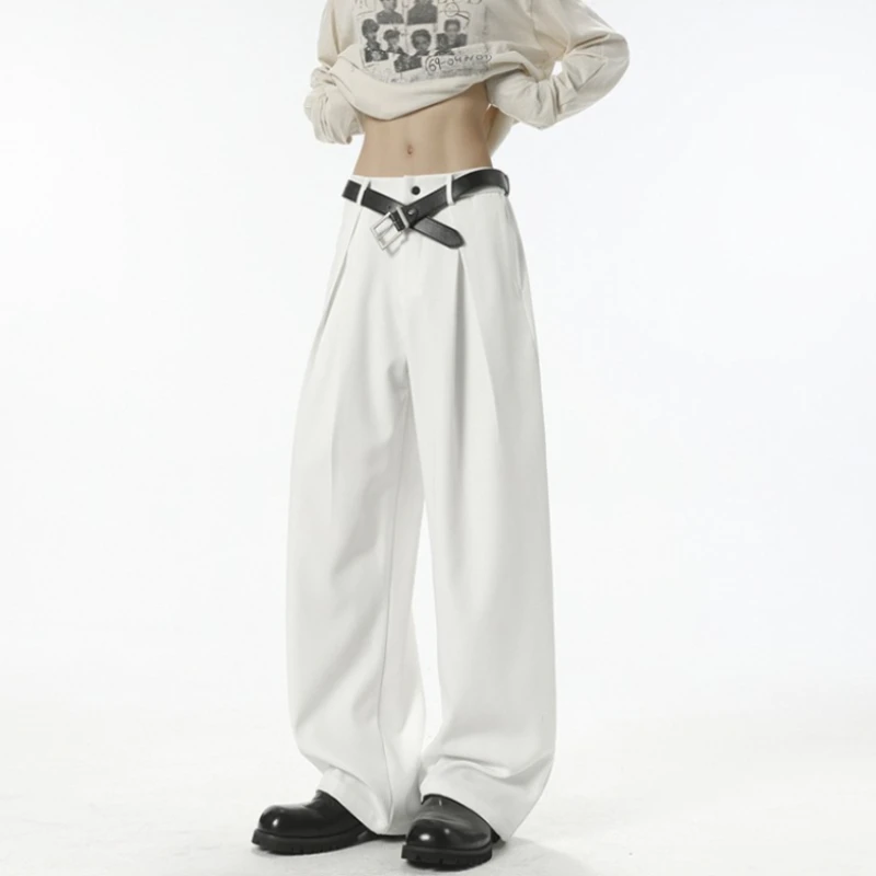 

Мужские прямые брюки в корейском стиле, свободные деловые повседневные брюки, драпированные широкие брюки-палаццо белого цвета, мужская уличная одежда