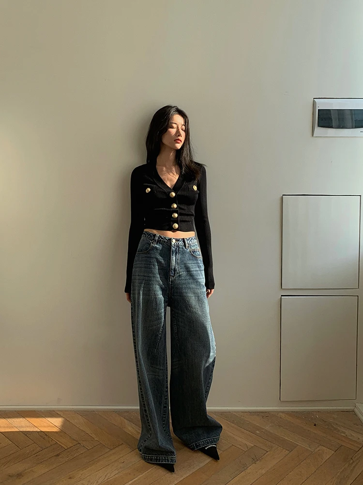 Cardigan en tricot à boutons dorés pour femme, pull court à manches longues, veste ajustée, haut pour adolescente, tenue Vintage des années 90, automne et hiver