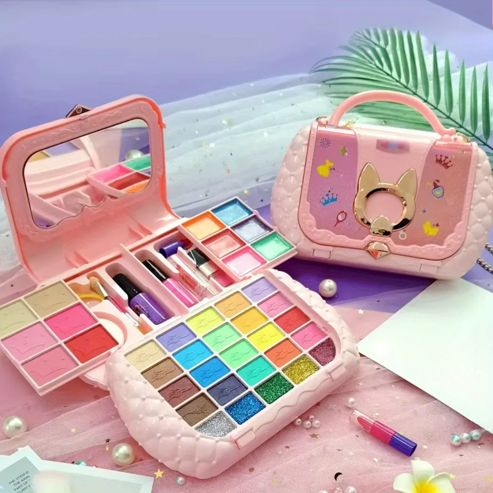 Maquiagem de plástico portátil para meninas, kit de maquiagem lavável para brincar de fingir, bolsa pequena, conjunto de cosméticos de beleza infantil, presente de brinquedos