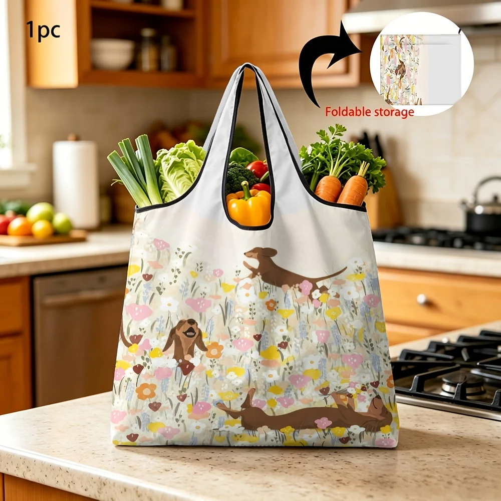 1pc Reusable Grocery Bags Foldable Cute Dogs In Wild Flower Field Print Large Capacity Portable Shopping Bag for Daily Use