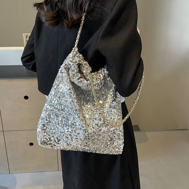 Chains PU Sequins Shoulder Bags Hasp Solid Fashion Bags for Women 2024high Quality Soft Versatile High Capacity Women\'s Handbags