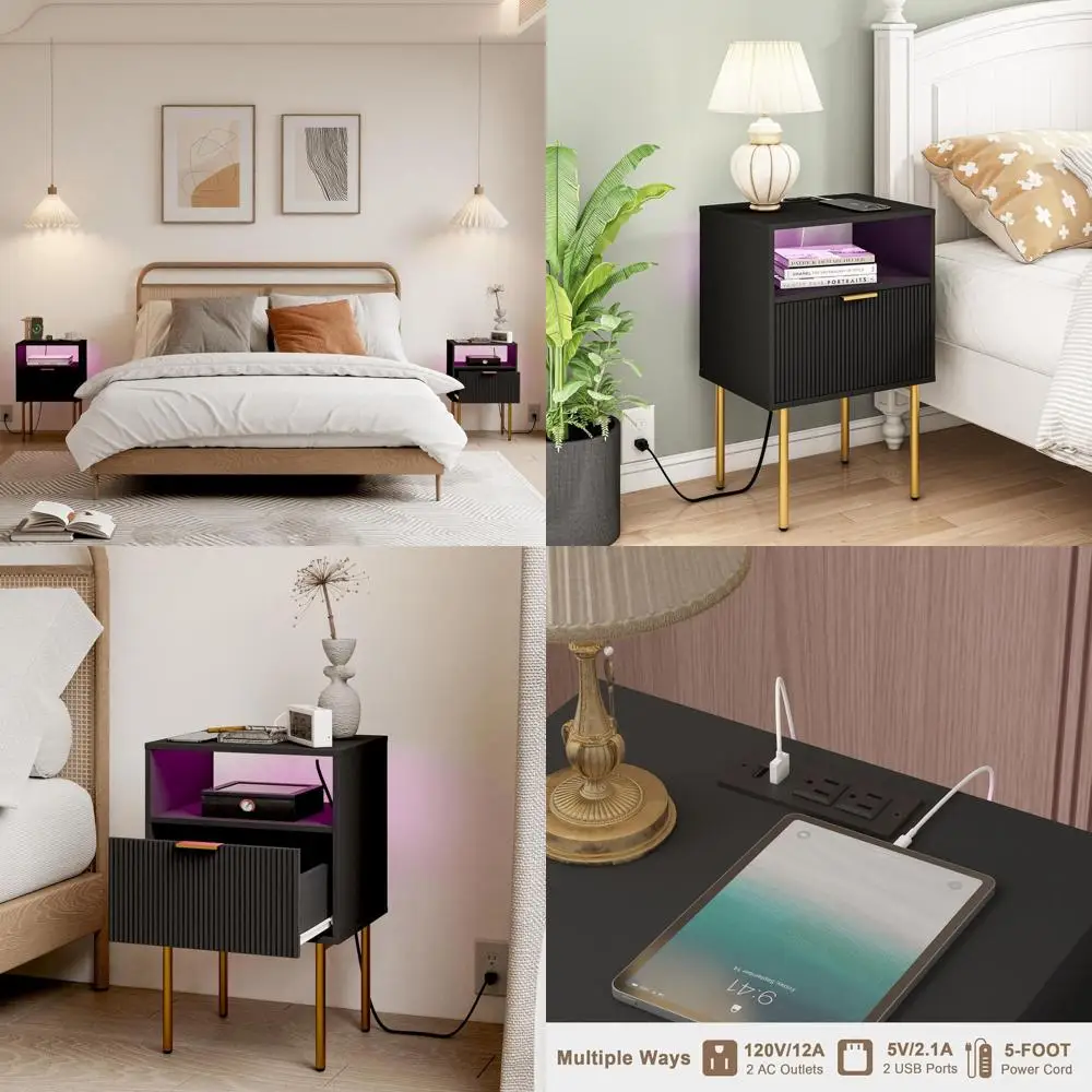 

Современная прикроватная тумбочка с зарядной станцией и LED-подсветкой, элегантная черная тумбочка с выдвижным ящиком, декоративная рифленая тумбочка для Livi