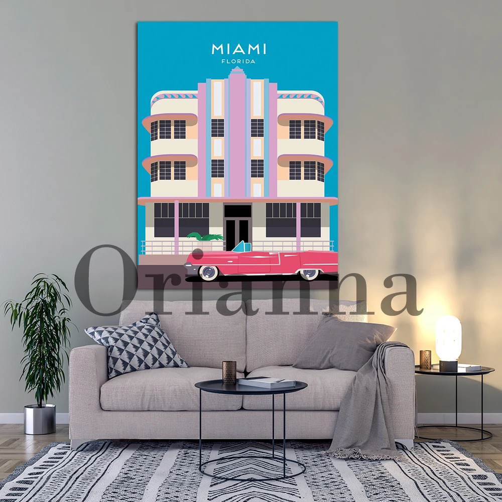 Florida Usa Travel Retro Miami Beach Car Wall Art Canvas Print Poster Modern Living Room Bedroom Decor Painting Travel Love Gift