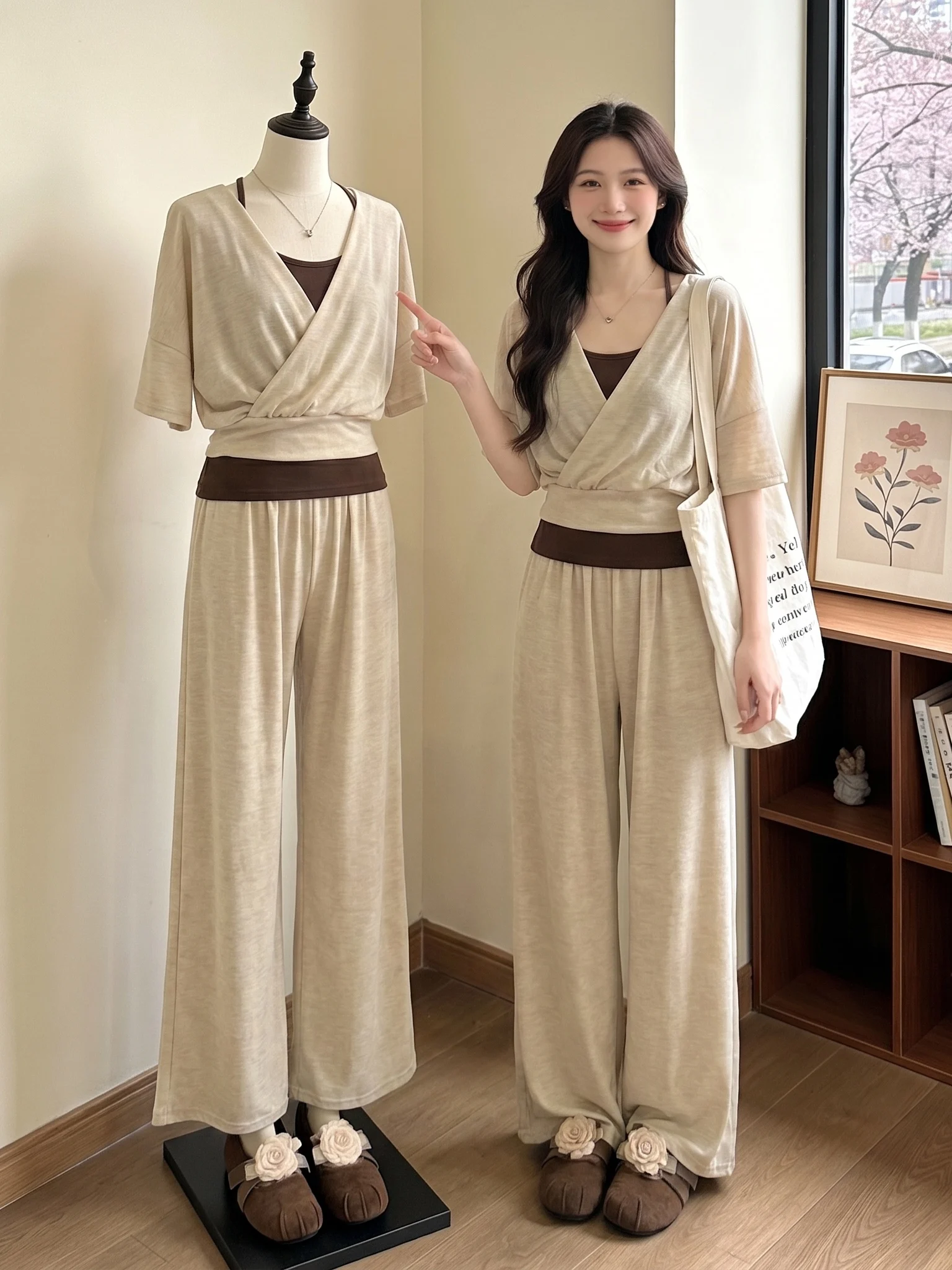 

plus Size Women's Summer Fashion Set Kaki Color Hanging Neck Three Piece Set Skirt Casual Commute Style Short Sleeve V Neck