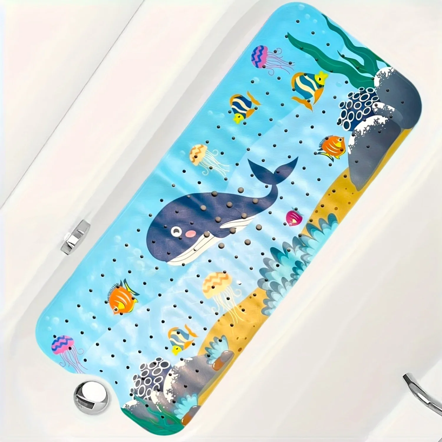 Cartoon extra-long bathtub mat with suction cups and drain holes, 40x100cm, for non-slip bathroom use.