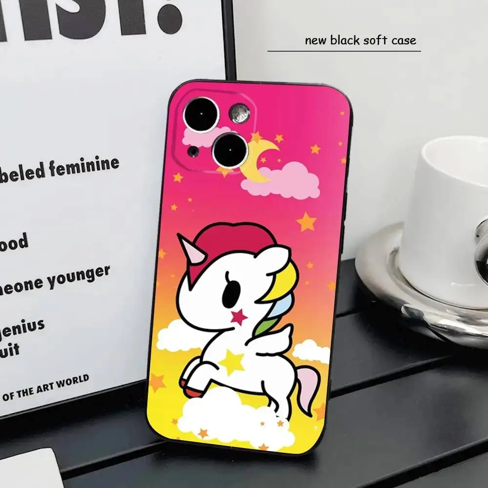 iPhone16,15,14,13,12 Mini 11 Pro XR,X,XS,MAX 7,8 Plus 실리콘 커버 소프트 블랙 용 귀여운 T-Tokidokis 유니콘 전화 케이스