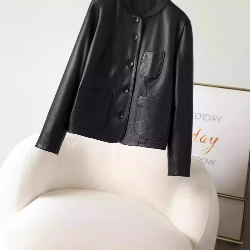 Veste en cuir véritable avec col carré, cuir de chèvre à la mode