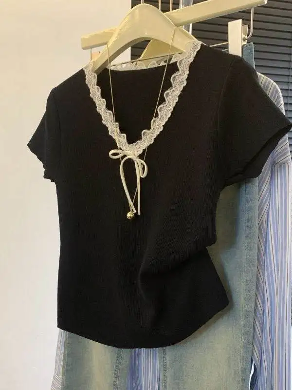Women's Black Lace Patchwork T-shirt Y2K Gyaru Vintage Korean Style Ice Silk Knit Short Sleeve V-Neck Tee Top for Women Summer