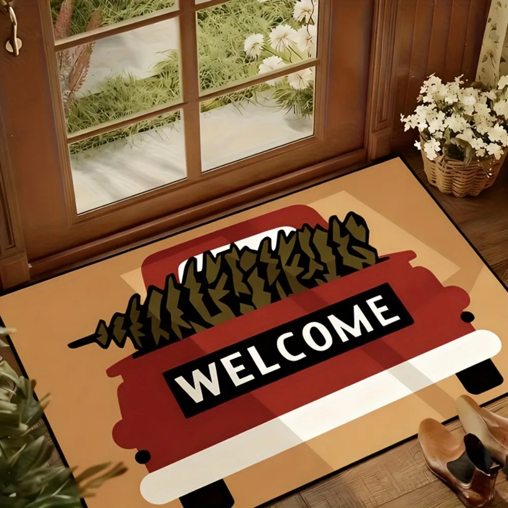 Front Door Mat Vintage Wood Texture Red Truck Tree Printed Anti Slip Entrance Porch Foyer Kitchen Home Decoration Rug