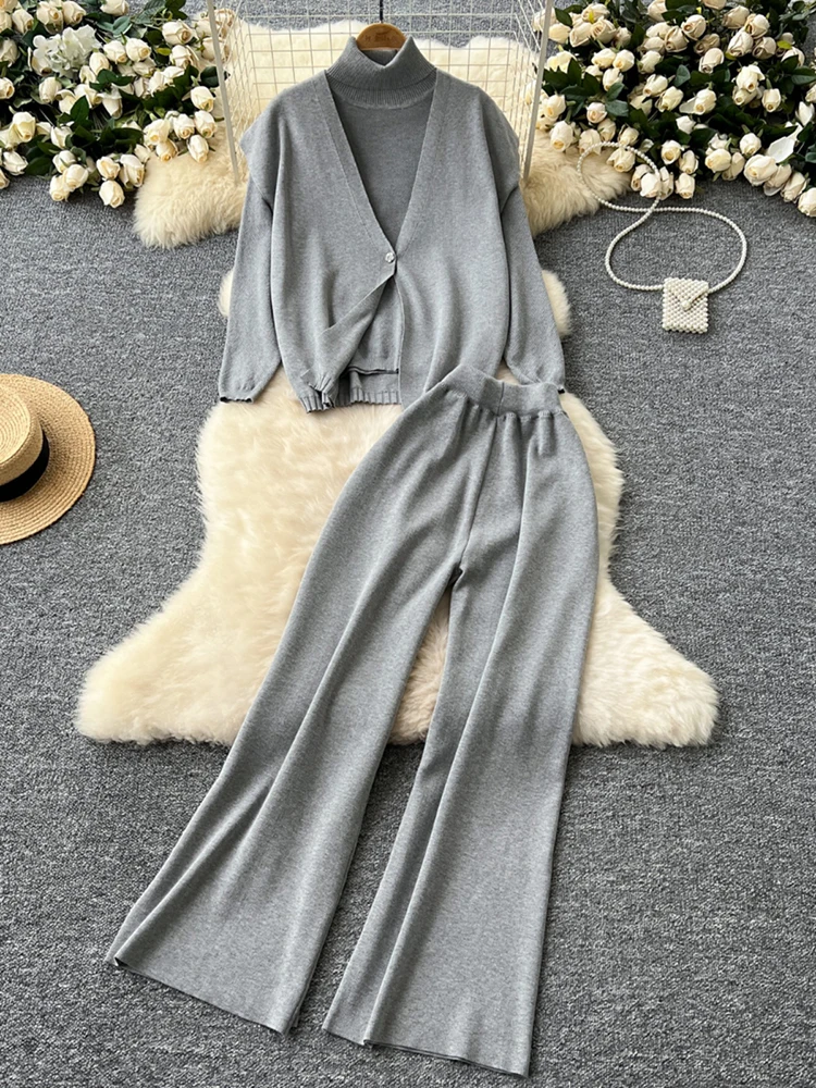 EWQ Women's Knitted Cardigan Vest Shawl High Neck Sweater High Waist Wide Pants 2-piece Set Y2k Fashion Tide Autumn Winter 2024