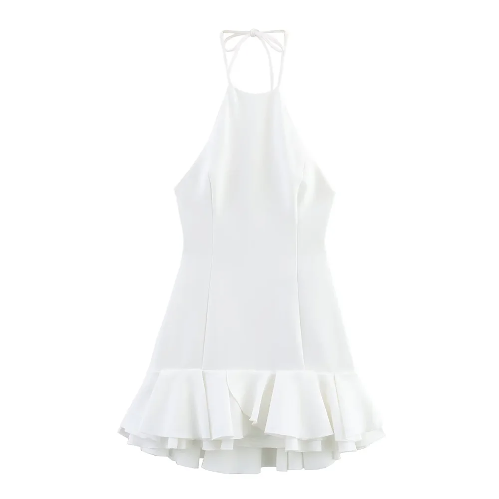 Pb & za2025seaside férias estilo halter pescoço sem costas estilingue vestido doce em camadas decorativas saia curta verão roupas femininas