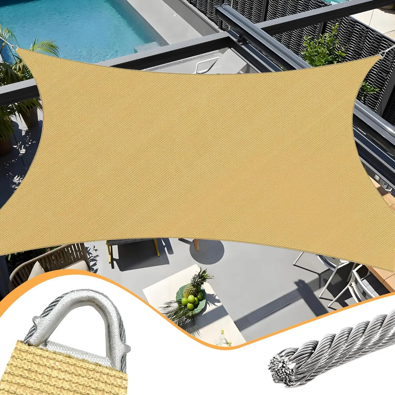 20' x 20' Sand Rectangle Sun Shade Sail Outdoor Canopy Awning UPF50+, 95% UV Blockage, Sunshade with High-Strength Steel Cable E
