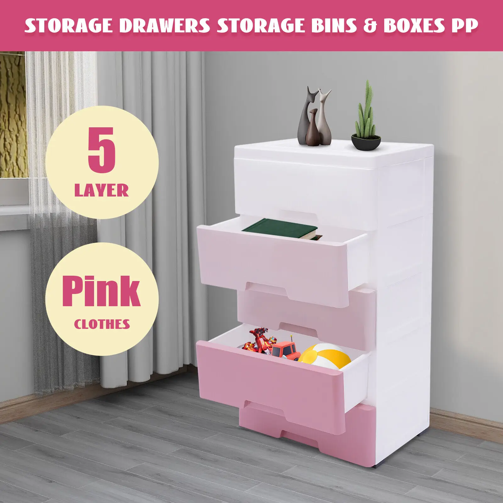 5-layer Clothes Storage Bins Storage Drawers & Boxes PP Storage Dressers Pink US