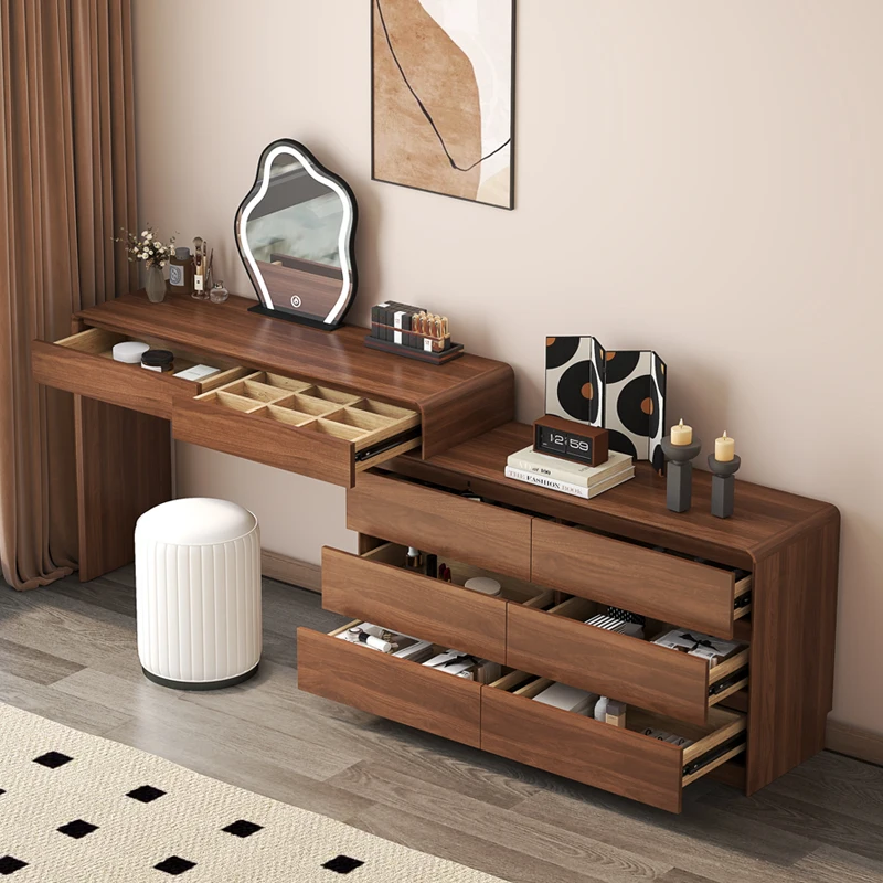2026 New Style Walnut Color Solid Wood Dressing Table with Integrated Storage Bucket Cabinet Simple Modern Bedroom Makeup Vanity