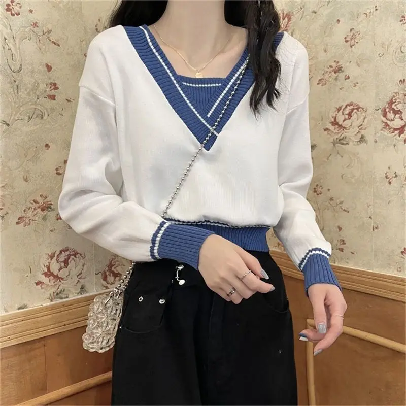 Women Autumn Korean Fashion Patchwork Loose V-neck Long Sleeve Knitwear Ladies Fashionable All-match Appear Thin Knitting Tops