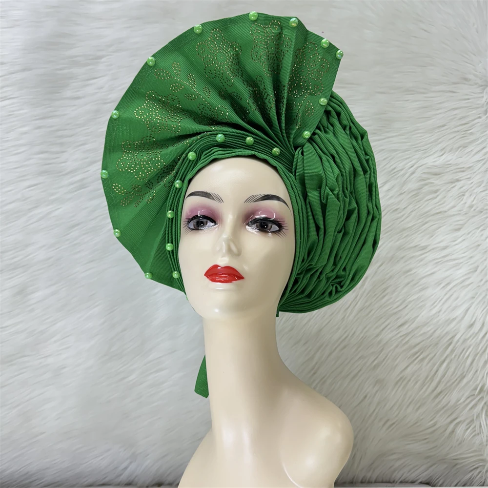 Fashion Pure Color Nigerian Gele Headtie Aso Oke Gele Already Made Auto Gele Aso African Turban Cap With Beads For Party 1Piece