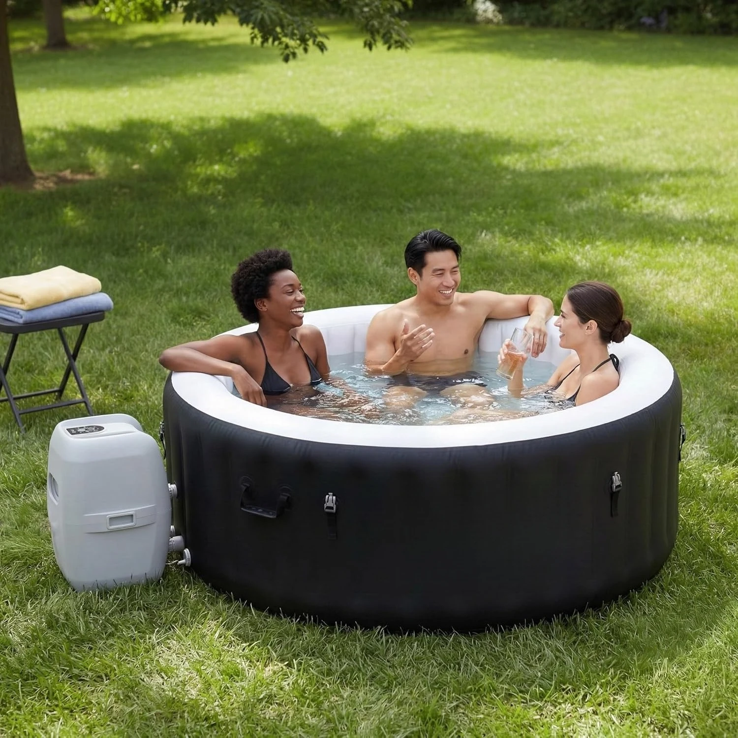 2-4 Person Round Inflatable Hot Tub, Energy Efficient Portable Outdoor Spa with 120 Air Jets, 71x26in, Custom