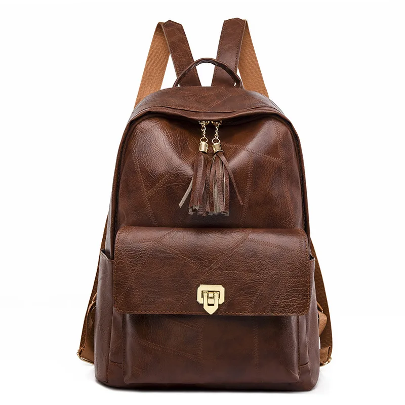 

Simple New Retro Ladies Pu Leather Shoulder Bag Versatile Solid Color Large Capacity Tassel Double Zipper Backpack