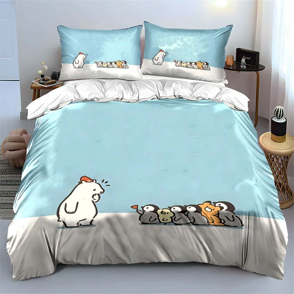 Fun Cartoon Polar Bear and Penguins Duvet Cover Set with 3D Printing Design Soft Polyester Bedding Set All-Season Comfort