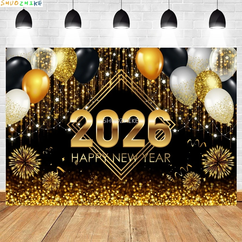 2026 الذهب سنة جديدة سعيدة خلفية بريق ساعة أضواء الشمبانيا بالونات عيد الميلاد الأسرة حفلة التصوير خلفية NY-01 #2