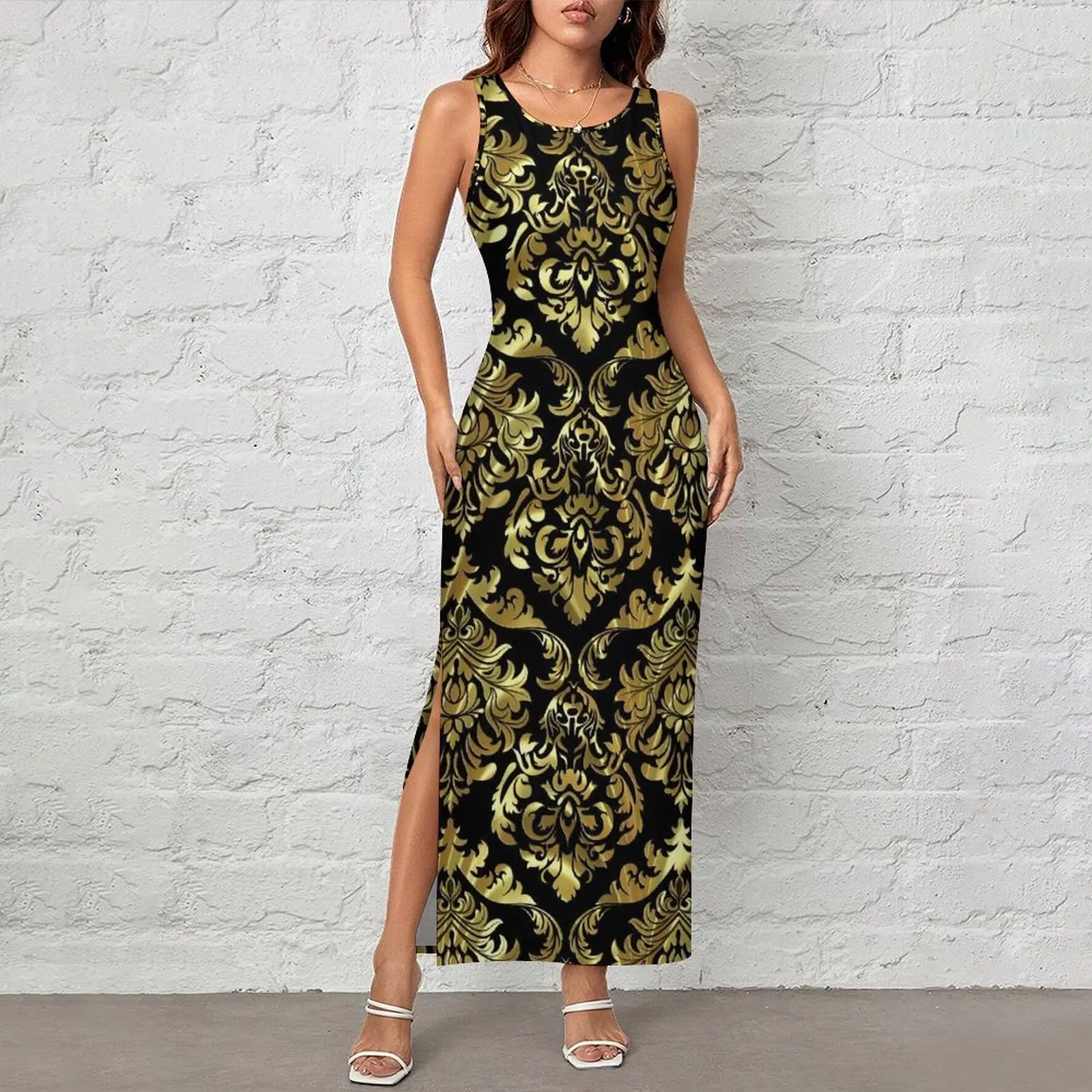 Baroque Floral Bodycon Dress Spring Black And Gold Retro Maxi Dresses Womens Sleeveless Custom DIY Street Style Dress Big Size