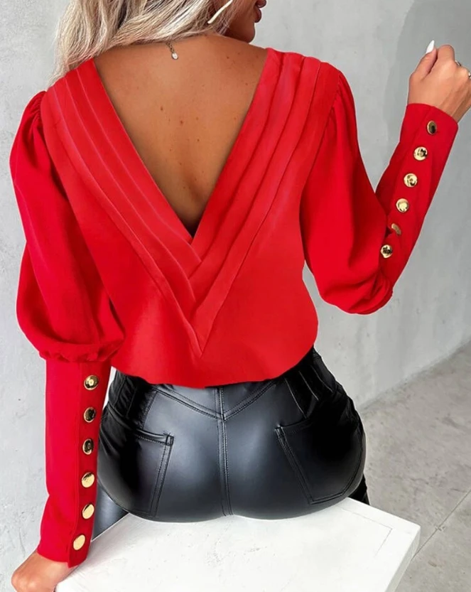 Backless Shoulder V-Neck Top Hot Selling New Casual Fashion Clear Sheep Leg Sleeve Button Open Back Pullover Shirt