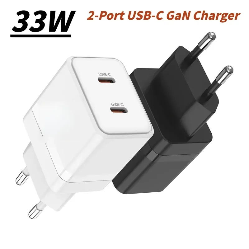33W GaN Dual USB-C Fast Charger, EU Plug Type C Charging Block, Compact Travel Wall Adapter for iPhone 16,16 Pro,16 Plus,15,14