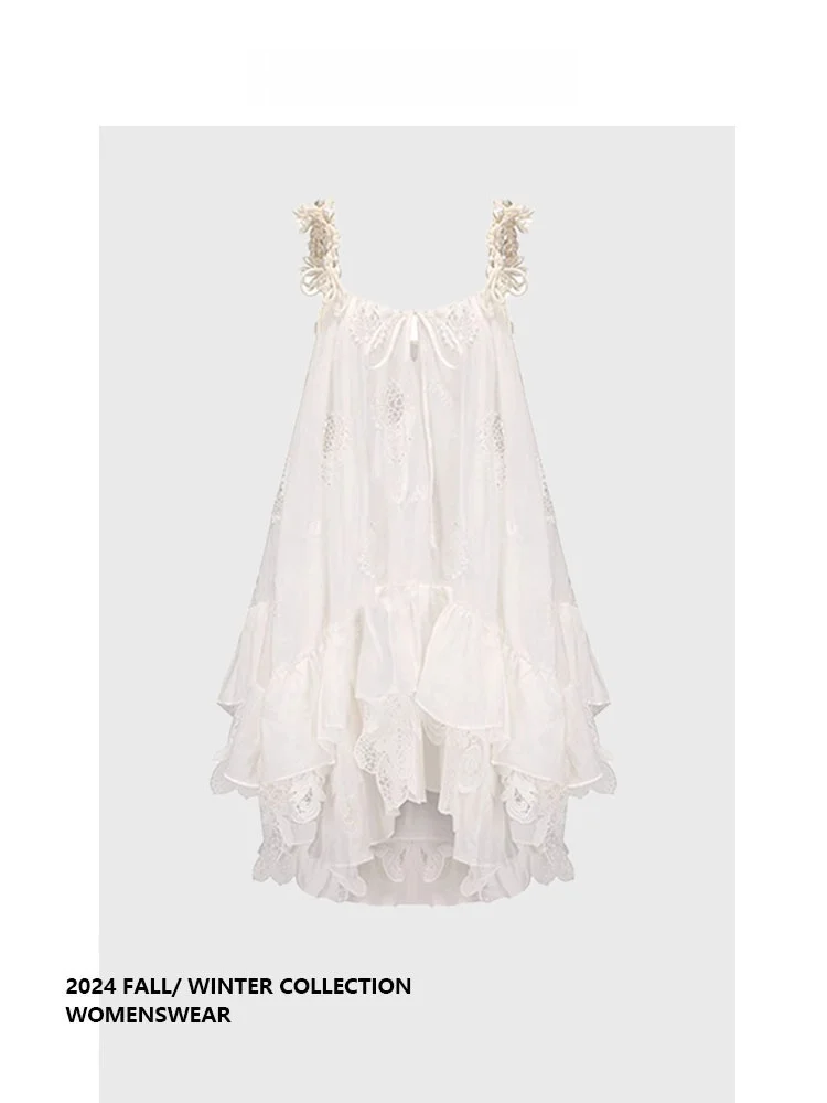 

Forever 21 Embroidered Hollow out Lace Trim Strap Dress Spring 2026 Irregular Slim Short Skirt Sweet Style Midi Dress