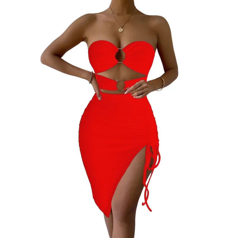 Top estivo sexy a tubino con spalle scoperte attillate con spacco alto, abito da donna medio e lungo, abiti da festa per night club, vestido taglie forti