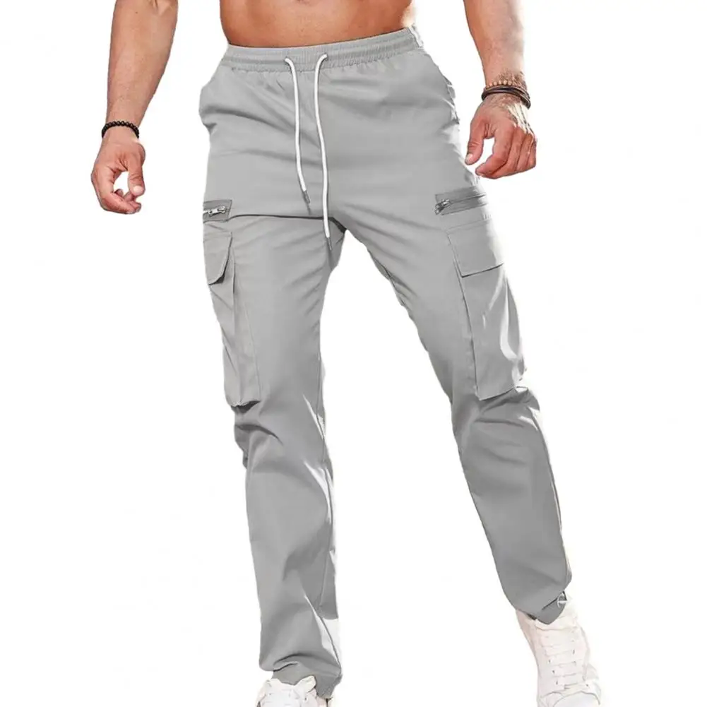 

Men Trousers Comfortable Men's Drawstring Cargo Pants with Elastic Waist Multiple Pockets for Breathable Stylish Long Trousers