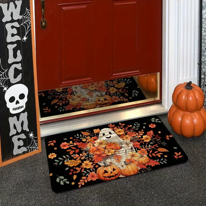Skull Pumpkin Bat Doormat Maple Leaf Spider Web Print Indoor Floor Rug Halloween Spooky Carpet for Front Porch Home Decor