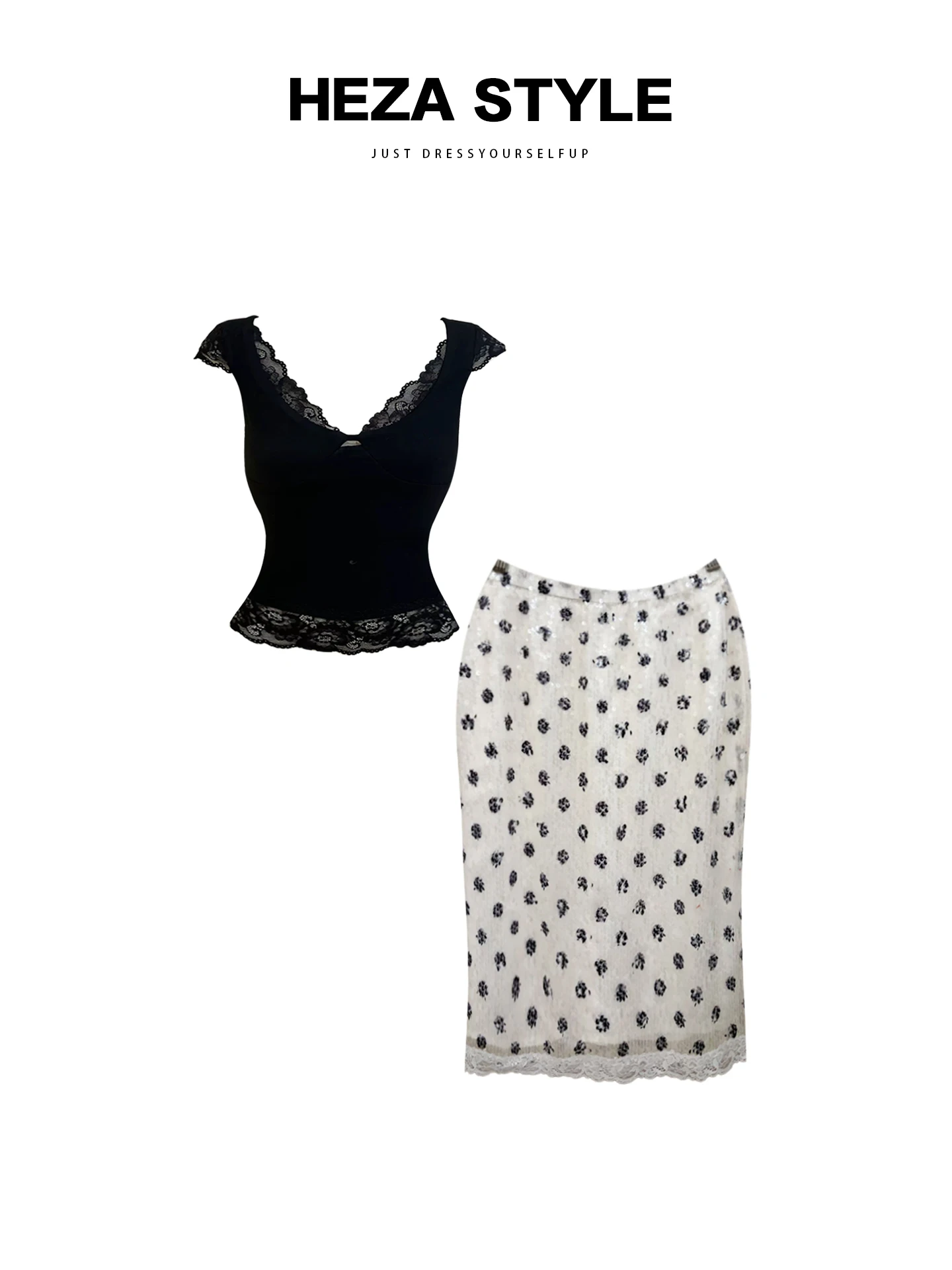 

HEZA plus Size Summer Faion Set V-Ne High Waist Polka Dot f Skirt for Plump Women Retro Aosphere Spicy Girl