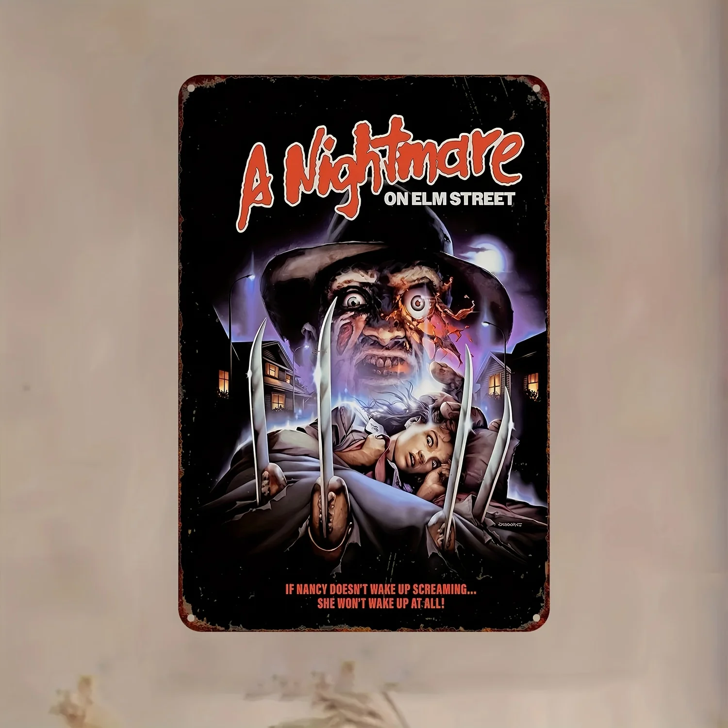 A on Elm Street Retro Metal Wall Art - ملصق فيلم رعب عتيق من الألومنيوم للمنزل، البار، المقهى،